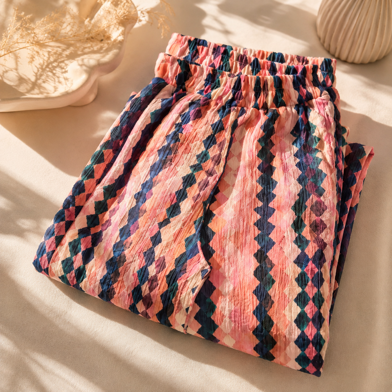 Coral Mosaic Wide-Leg Pants