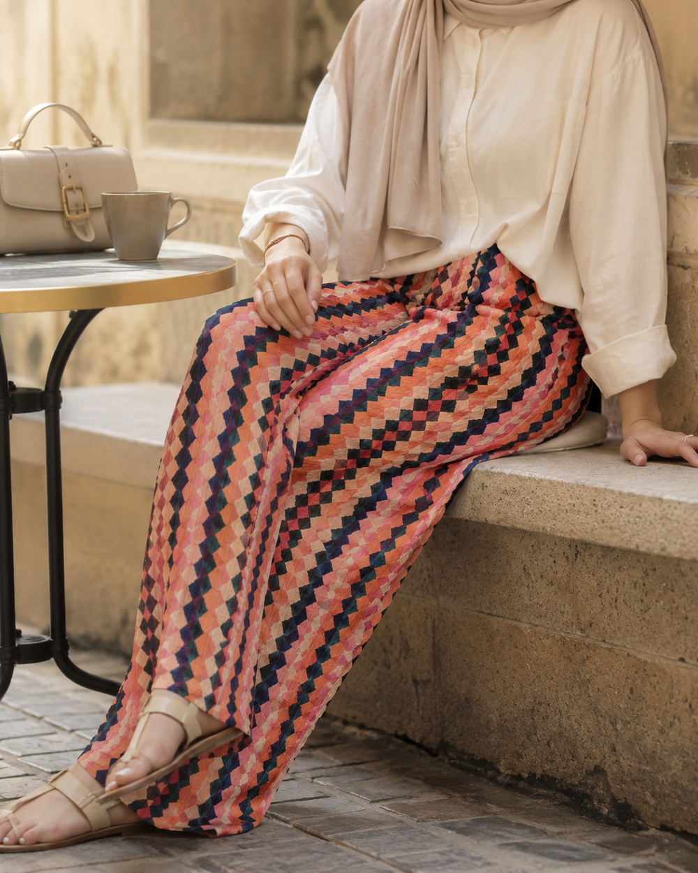 Coral Mosaic Wide-Leg Pants