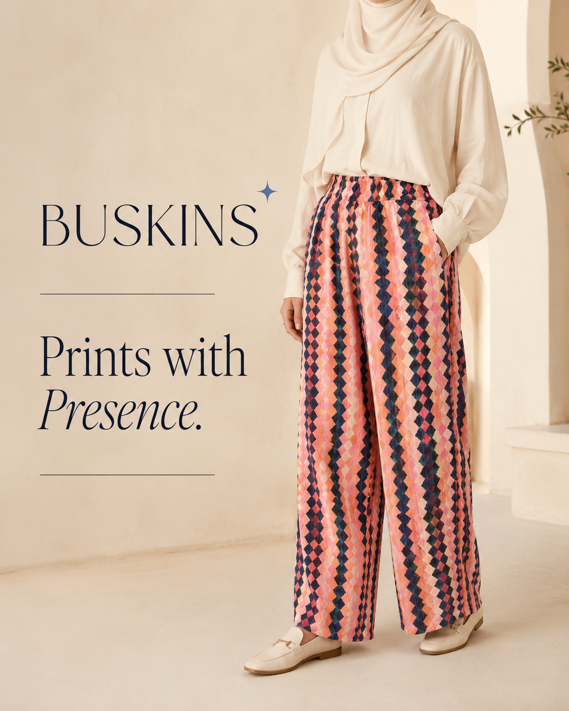 Coral Mosaic Wide-Leg Pants