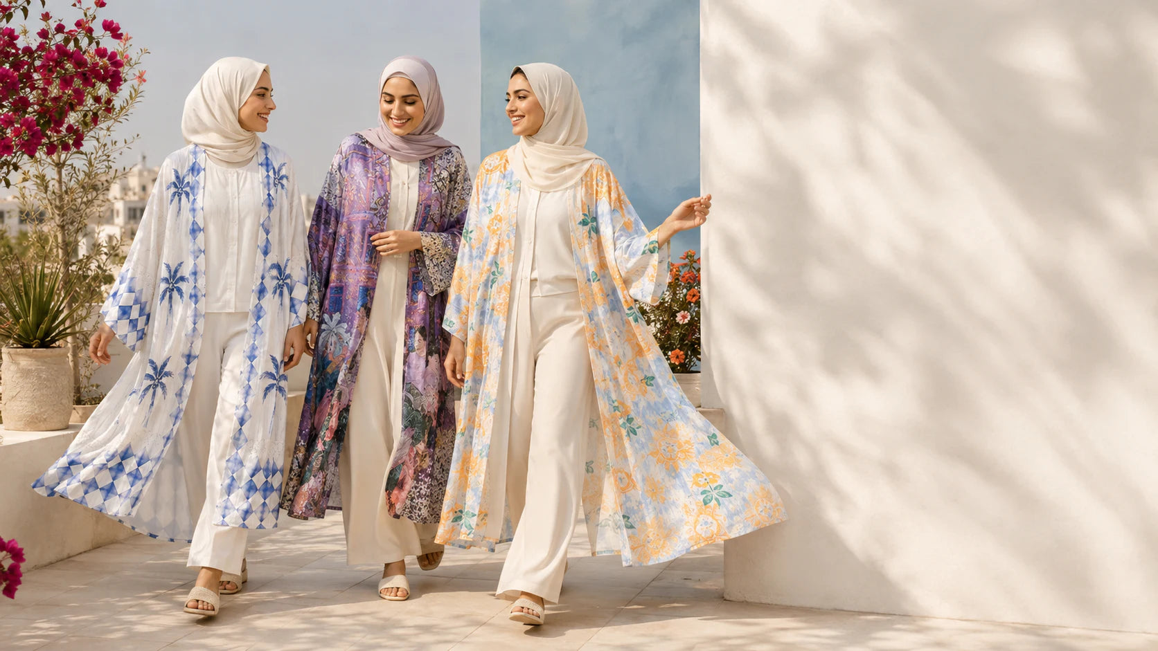 Young Egyptian women wearing colourful Buskins printed kimonos
