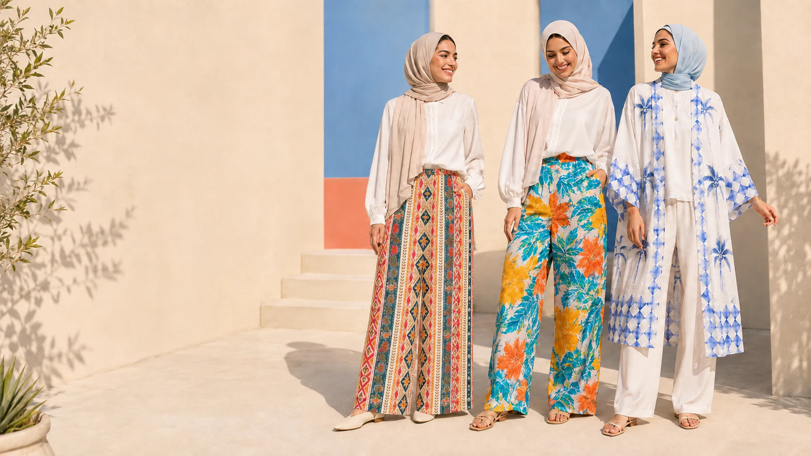 Young Egyptian women wearing colourful Buskins wide-leg pants and a blue printed kimono