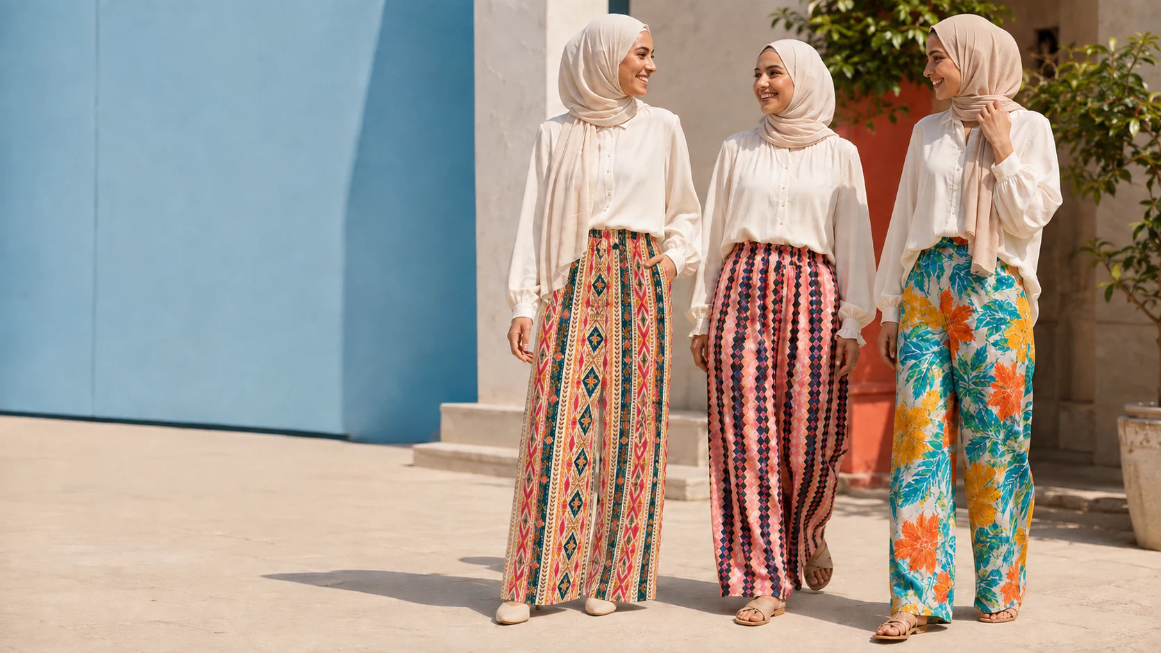 Young Egyptian women wearing colourful Buskins printed wide-leg pants