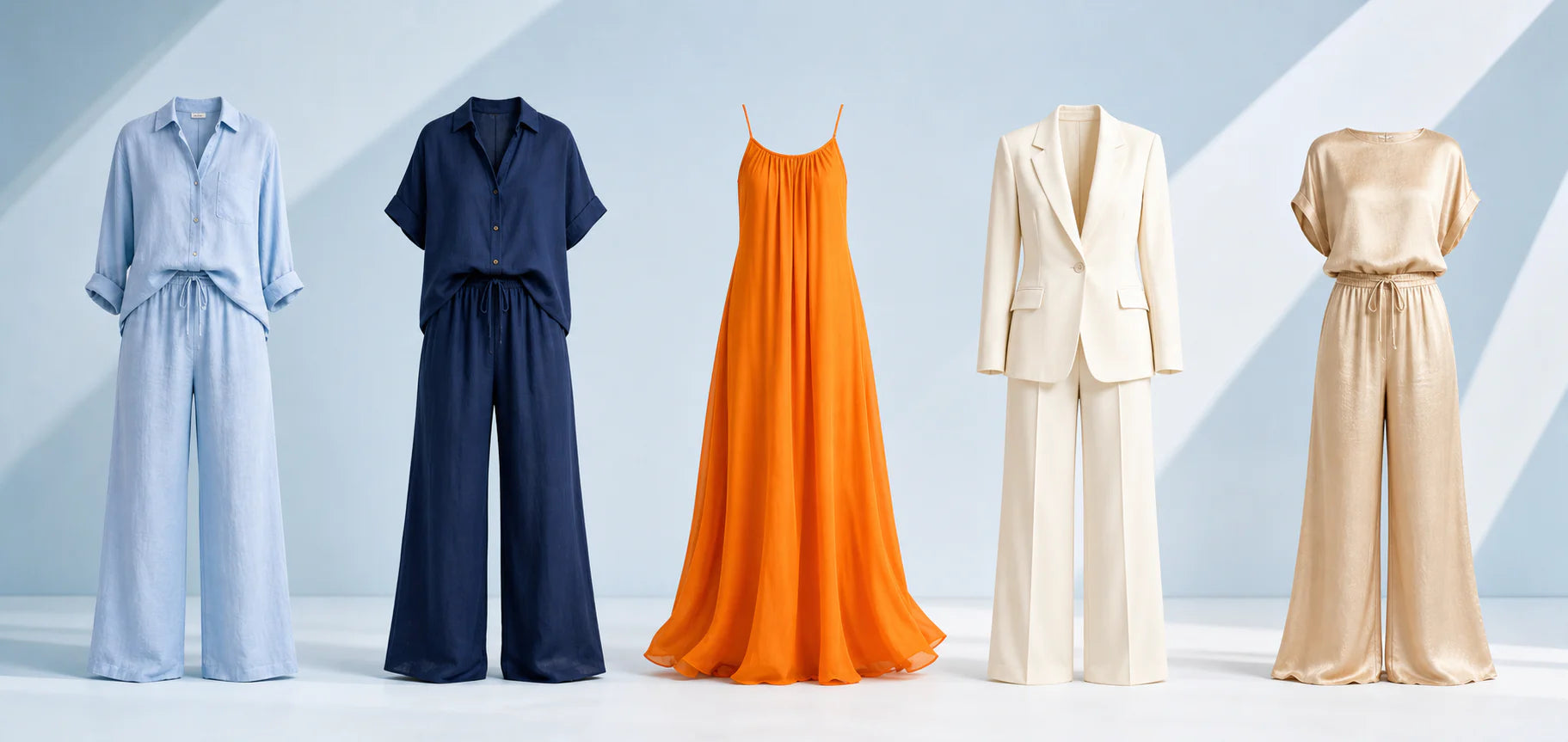 A curated Buskins wardrobe in soft blue, navy, ivory and warm neutrals